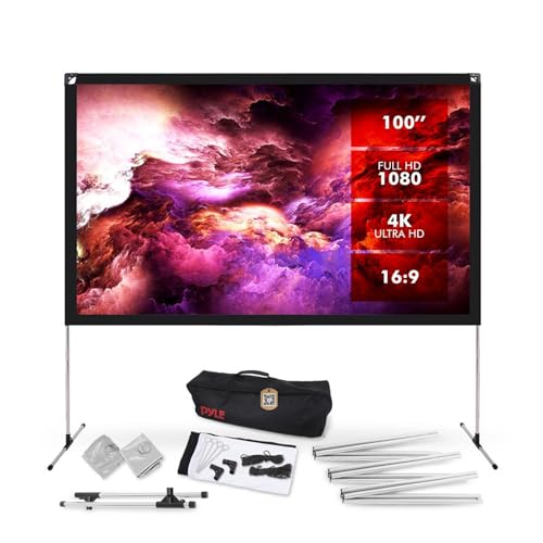 Pyle Projector Screen with Stand - 100' 16:9 HD 4K Portable Lightweight Freestanding Foldable Indoor Outdoor Movie Projection Display with Frame for Home Theater