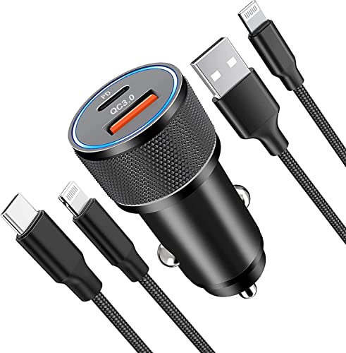 iPhone Car Charger, 38W MFi Certified Lightning Car Charger, USB C Car Charger Adapter PD3.0&QC3.0 Car Charger with 2Pack Lightning Cable for iPhone 14 14 Pro Max 13 12 11 XS Max XR X 8 7, iPad