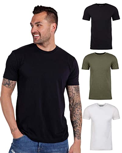 INTO THE AM Premium Men's Fitted Crew Neck Plain Essential Tees 3-Pack - Modern Fit Fresh Classic Short Sleeve T-Shirts for Men (Black/Olive Green/White, Medium)