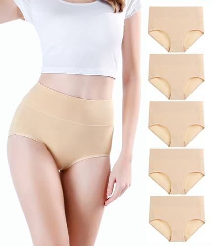 wirarpa Women's Postpartum Underwear High Waisted Ladies Cotton Panties Full Coverage Briefs 5 Pack Beige Medium