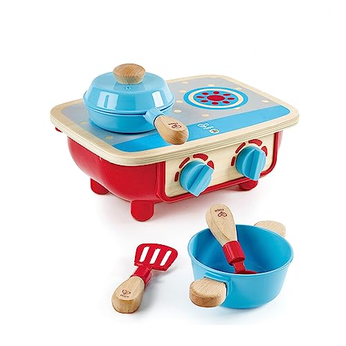 Hape Toddler Kitchen Set | Wooden 6 Piece Cooking Set, Pretend Kitchen Playset with Toy Stove, Frying Pan, Spoon, Spatula