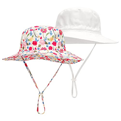 LAPI.ZAPI Baby Sun Hat Print Pattern Kids Boy Girls hat UPF 50+ Sun Protection Beach Bucket Hat Wide Brim (3-7 Years, 2pack Flower & White-Solid)