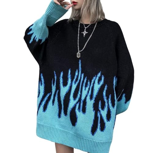 Vamtac Womens Crewneck Oversized Sweaters Y2K Aesthetic Flame Graphic Knitted Sweater Casual Pullover Long Sleeve Jumper