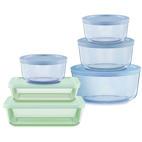 Pyrex Colors (6-Pack, Full Set) Tinted Glass Food Storage Container Set, Snug Fit Non-Toxic Plastic BPA-Free Lids, Freezer Dishwasher Microwave Safe, 3 Cup, 6 Cup & 11