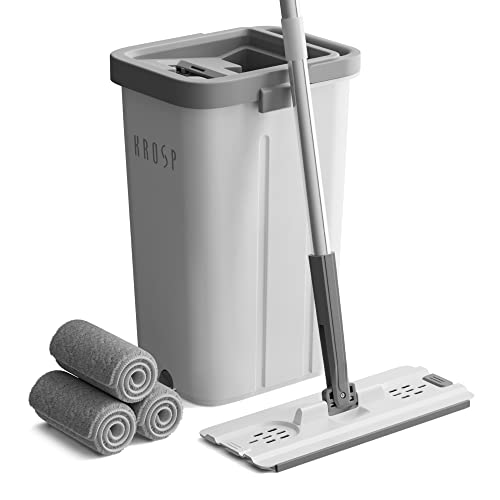 KROSP Mop and Bucket with Wringer Set for Home, Hands-Free Flat Mop and Bucket for Floor Cleaning, with 3 Reusable Microfiber Pads, Wet and Dry Use, Perfect for Hardwood, Laminate, Tile, and Windows