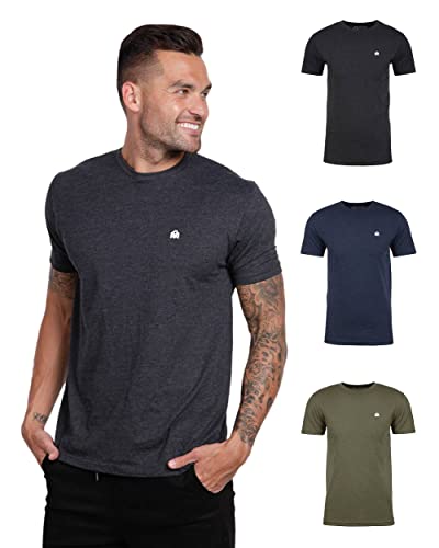 INTO THE AM Men's Fitted Crew Neck Logo Basic Tees 3-Pack - Modern Fit Fresh Classic Short Sleeve T-Shirts for Men (Charcoal/Navy/Olive Green, Medium)