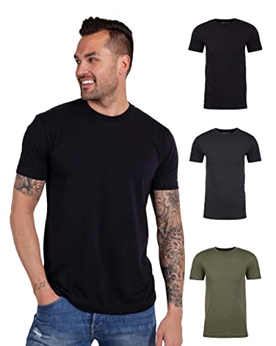 INTO THE AM Premium Men's Fitted Crew Neck Plain Essential Tees 3-Pack - Modern Fit Fresh Classic Short Sleeve T-Shirts for Men (Black/Charcoal/Olive Green, Medium)