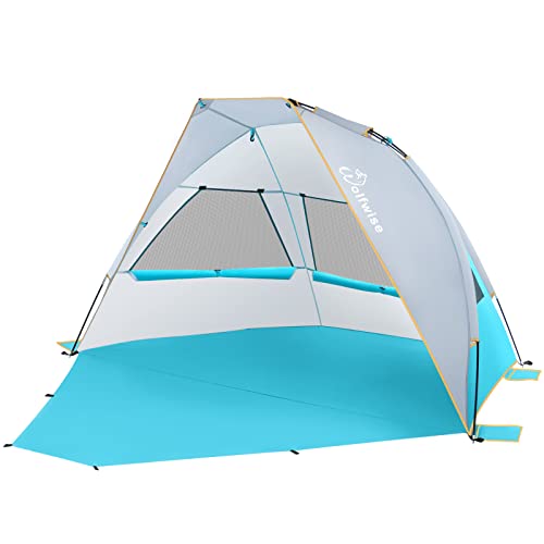 WolfWise 2-3 Person Portable Beach Tent UPF 50+ Sun Shade Canopy Umbrella with Extendable Floor, Blue