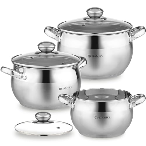 Daniks Classic Stainless Steel Kitchen Induction Pot Cookware Set | 6-Piece | Dishwasher Safe Pots with Lid | 2 Quart + 3 Quart + 4 Quart | Measuring Scale | Silver