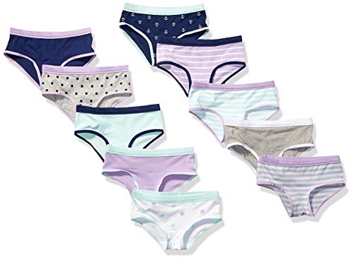 Amazon Essentials Girls' Hipster Underwear, Pack of 10, Multicolor/Anchor/Dots/Stripe, Medium