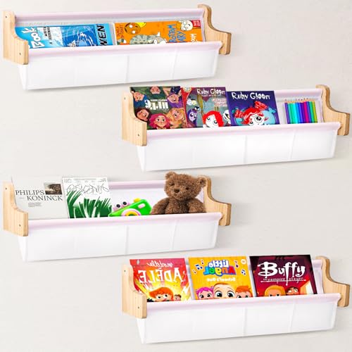 Kids' Bookshelf Set of 4, Wall Mounted Floating Nursery Book Shelves Bookshelf with Deep Pocket for Wall Decor and Storage Kids Book Rack Storage Bookcase Display for Books, Toys, Photo Frames