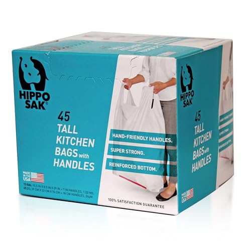 Hippo Sak - Tall Kitchen Garbage Bags with Ergonomic Handles - 13 Gallon Trash Bags - Super Strong, Patented Reinforced Bottom & Leak Proof Tall Kitchen Trash Bags - Heavy Duty Trash Bags (45 Count)