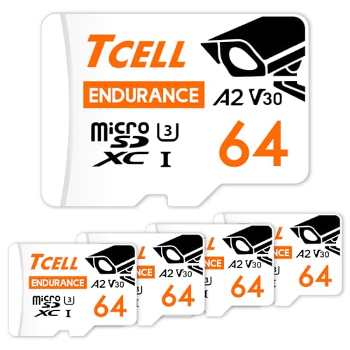 TCELL High Endurance 64GB 5 Pack microSDXC Memory Card with Adapter- A2, UHS-I U3, V30, 4K, Micro SD Card, Read/Write up to 100/80 MB/s, Full HD Microsd for Dashcams, Cams, Monitoring, CCTV