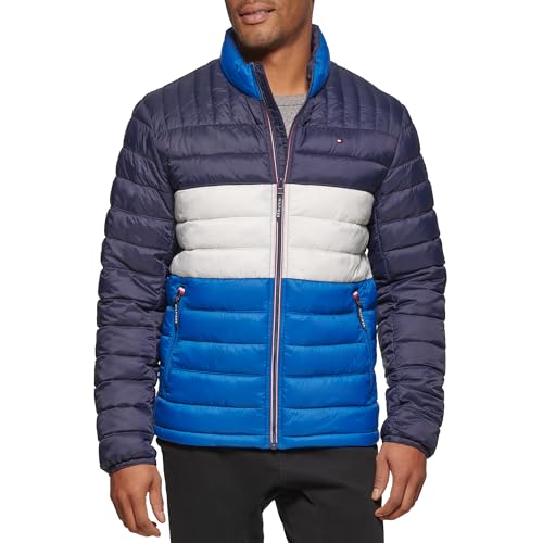 Tommy Hilfiger Men's Water Resistant Ultra Loft Down Alternative Puffer Jacket, Royal Blue Color Block, Medium