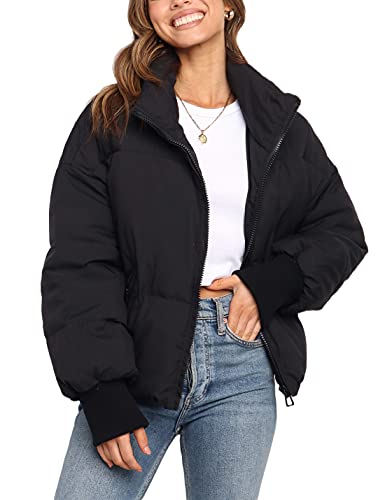 Lianlive Womens Cropped Puffer Jacket Oversized Black Short Puffy Winter Coat (Black-M)