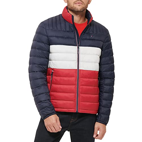 Tommy Hilfiger Men's Ultra Loft Lightweight Packable Puffer Jacket (Standard and Big and Tall), Midnight/White/Red, Medium