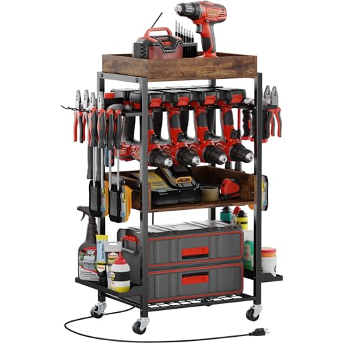 Utility Tool Storage on Wheel-Rolling Cart Organizer Power Tool Storage with Charging Station Garage Tool Box Holder Heavy Duty Tool Organization-Cart Drill Set Batteries Hanging Stand for Men Gift