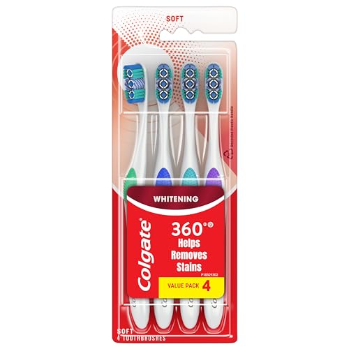 Colgate 360 Optic White Whitening Toothbrush, Adult Soft Toothbrush with Whitening Cups, Helps Whiten Teeth and Removes Odor Causing Bacteria, 4 Pack