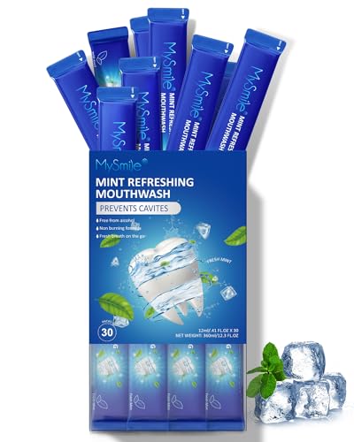 MySmile Mouthwash Alcohol Free, Mouth Wash for Adults, Travel Mouthwash Helps Kill 99% of Bad Breath Germs, Prevents Cavities, Fluoride Free, Fresh Mint, 30 Uses (0.41 Fl Oz (Pack of 30))