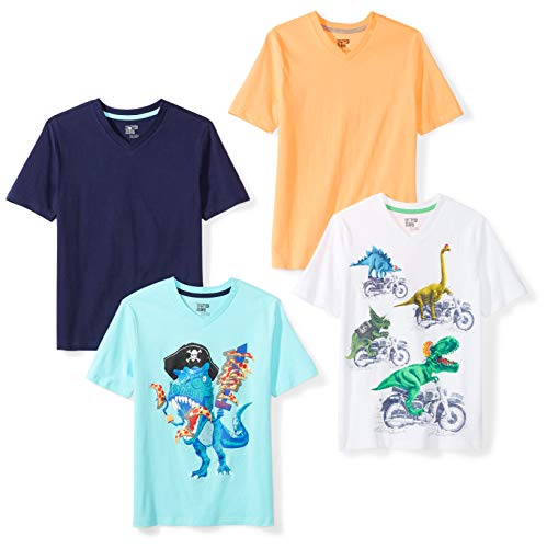 Amazon Essentials Boys' Short-Sleeve V-Neck T-Shirt Tops (Previously Spotted Zebra), Pack of 4, Navy/Blue/White, Dinosaur, Medium