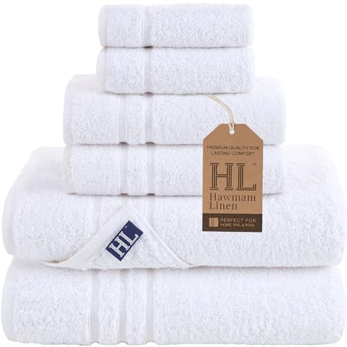 Hawmam Linen White 6 Piece Bath Towels Set for Bathroom Original Turkish Cotton Soft, Absorbent and Premium 2 Bath Towels, 2 Hand Towels, 2 Washcloths