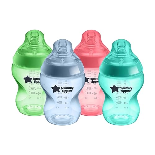 Tommee Tippee Natural Start Anti-Colic BPA Free Baby Bottles, 9oz, Slow-Flow Breast-Like Nipple for a Natural Latch, Designed for Seamless Transitions Between Bottle and Breast, Fiesta, Pack of 4