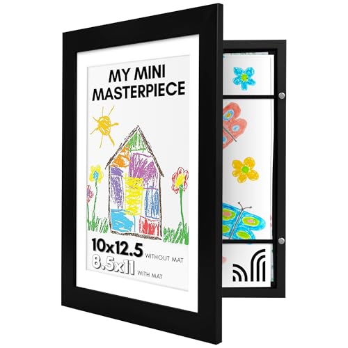 Americanflat 10x12.5 Kids Art Frame - Front Loading Picture Frame - Use as 8.5x11 Frame with Mat or 10x12.5 Frame Without Mat - My Mini Masterpiece - Holds 100 Artworks - Black