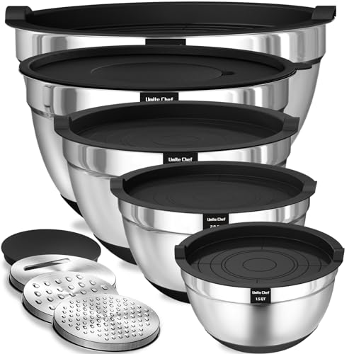 Umite Chef Mixing Bowls with Airtight Lids, 8PCS Stainless Steel Nesting Mixing Bowls Set, 3 Grater Attachments & Non-Slip Bottoms, Black Kitchen Bowls, Size 5, 4, 3.5, 2, 1.5QT for Baking & Serving