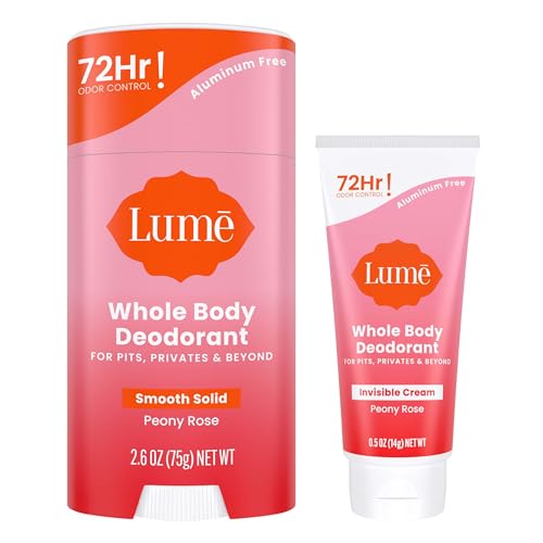 Lume Whole Body Deodorant - Invisible Cream Tube Mini and Solid Stick - 72 Hour Odor Control - Aluminum Free, Baking Soda Free, Skin Safe - 0.5 Oz Mini Tube + 2.6 Oz Solid Stick (Peony Rose)