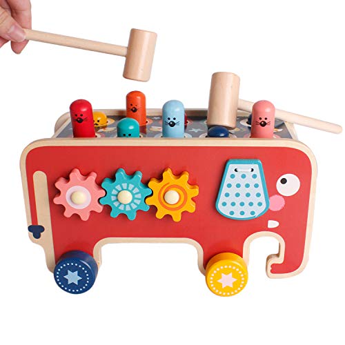 SHIERDU Whack a Mole Game for Toddlers, Wooden Educational Toy for Hammering, Pounding, Hitting and Pull Along, Xylophone, Elephant, Gopher, Mouse and Hamster, Gift for 3+ Years Boys and Girls (Dds-1)