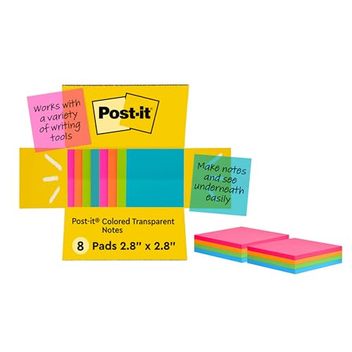 Post-it Colored Transparent Sticky Notes, 3x3 in, 8 Pads/Pack, 36 Sheets/Pad, Sticks Securely and Removes Cleanly