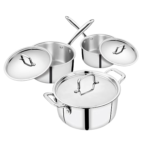 STANDHAFT Professional 3-ply Stainless Steel Cookware Set of 6 | Induction and Oven Compatible | Riveted Handles