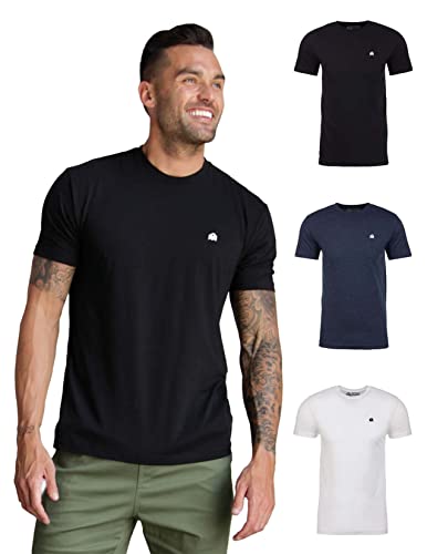 INTO THE AM Men's Fitted Crew Neck Logo Basic Tees 3-Pack - Modern Fit Fresh Classic Short Sleeve T-Shirts for Men (Black/Navy/White, Medium)