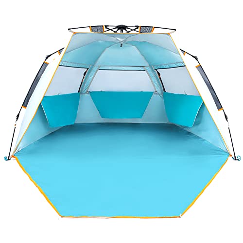 WolfWise 3-4 Person Easy Up Beach Tent UPF 50+ Portable Instant Sun Shelter Canopy Umbrella with Extended Zippered Porch