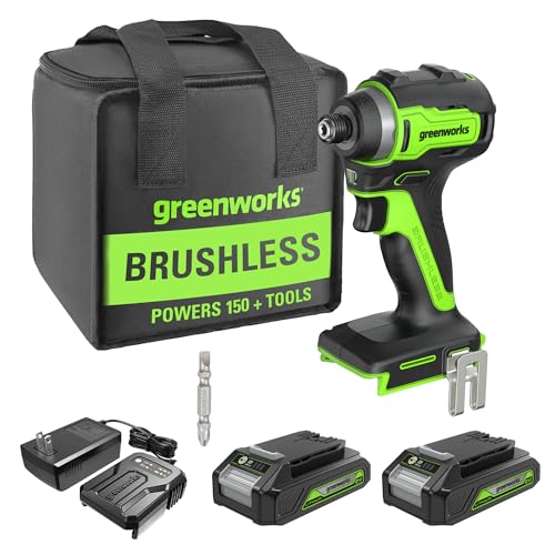 Greenworks 24V Brushless 1/4' Cordless Impact Driver, (2) 2.0Ah Batteries, Compact Charger, and Bag Included