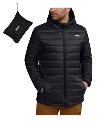 Hurley Men's Quilted Puffer Jacket - Lightweight Hooded Fleece Lined Packable Puffer Jacket - Outdoor Jackets for Men (S-XL), Size Small, Black