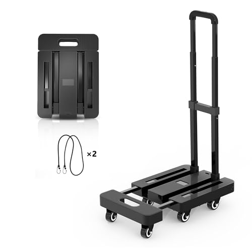 [Updated] Foldable Dolly Cart with Wheels, 500lbs Heavy Duty Folding Hand Truck Dolly Easy Set-Up Design, Collapsible Trolley Handtruck, Portable Small Dolly for Moving, Shopping, 6 Wheels And 2 Ropes