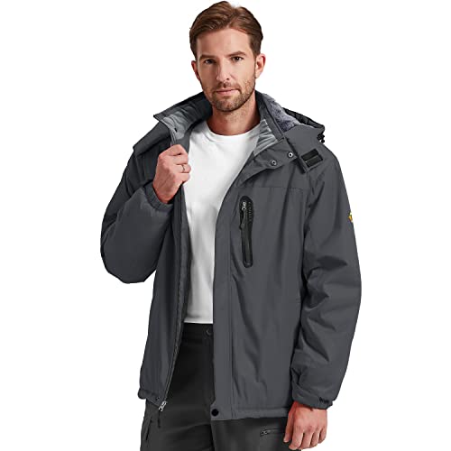 Kugnala Men's Winter Skiing Jacket Waterproof Warm Snow Fleece Lining Coat Mountain Windbreaker Hooded Windproof Rain Jacket Grey S