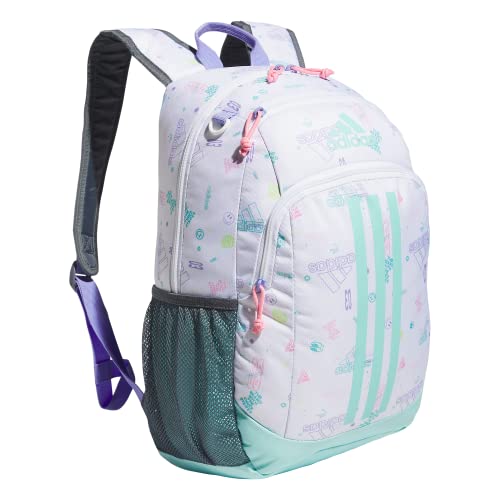 adidas Creator 2.0 Backpack (21L) Durable Small Athletic Student Laptop Bag for Boys/Girls, Icon Brand Love White/Flash Aqua Blue/Light Purple, One Size