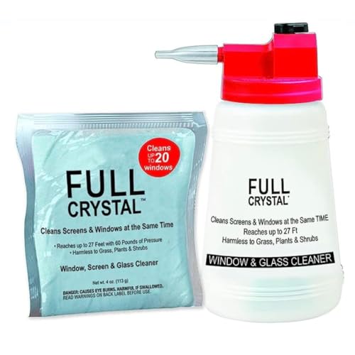 Full Crystal Window Cleaning Kit- 4 oz Glass Cleaner and Bottle with 27ft Reach will clean up to 20 Windows- Scrub Free, Rinse Free Glass Cleaner Spray Removes Dirt, Grime and Water Deposits