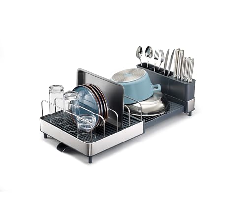 Joseph Joseph Extend Max Steel Expanding Dish Drying Rack, with high Capacity Large for Items, Cutlery and Knife Holder, Swivel Draining Spout, Stainless Steel