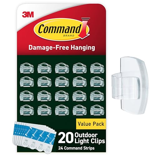 Command Outdoor Light Clips, 20 Clear Clips and 24 Command Strips, Damage Free Hanging Outdoor Light Clips with Weather Resistant Strips, Wall Clips for Hanging Outdoor Lights and Cable Management