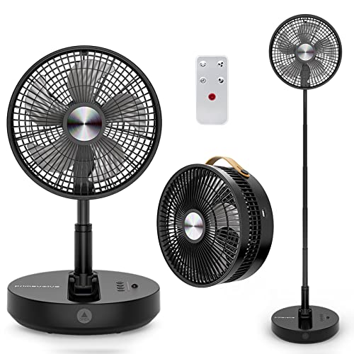 Primevolve 10' Portable Oscillating Fan, Up to 32 Hours Battery Operated Fan with Remote, Foldaway Fan with Adjustable Height, 4 Speeds & Timer, Rechargeable Fan for Bedroom Camping Travel