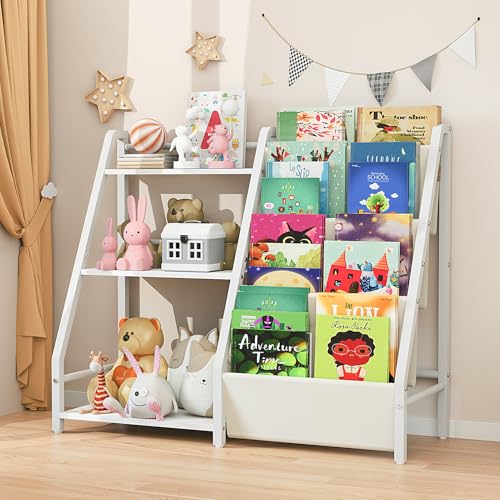 TUEGEGNS Kids Bookshelf and Toy Organizer, Book Shelf for Kids Rooms,2 in 1 Nursery Book Shelves, Toddler Bookshelf Montessori Bookshelf and Kids Book Shelf (White)