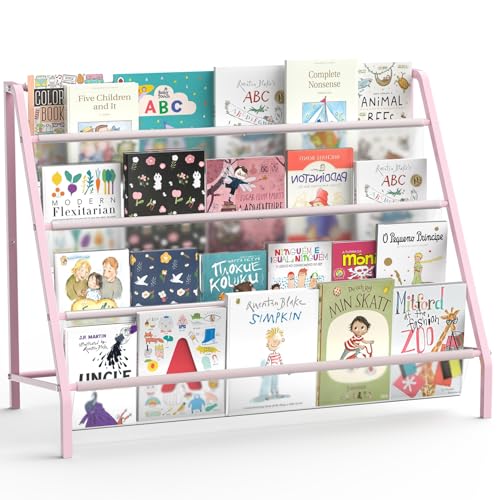 High-Transparent 4 Tier Kids Bookshelf, Sturdy Metal Large Size Book Rack Storage for Kids - Toddler Book Shelf Display for Nurasery, Playroom or Kids Room, Deep Size Bookshelf Hold More Books - Pink