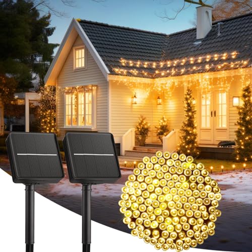 Solar String Lights for Outside, 2-Pack 200LED 78FT Total Solar Lights Outdoor IP65 Waterproof Solar Powered Lights with 8 Lighting Modes for Party Garden Yard Holiday Tree Decoration, Warm White