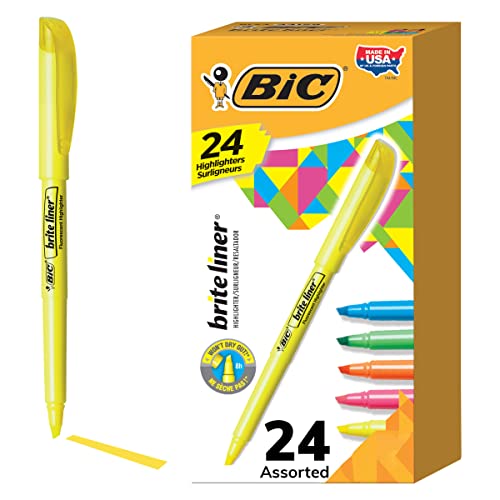 BIC Brite Liner Highlighters, Chisel Tip, 24-Count, Assorted Colors, Ideal Set for Organizing and Coloring, Packaging May Vary, Includes 14-Yellow, 3-Pink, 3-Orange, 2-Green and 2-Blue Highlighters