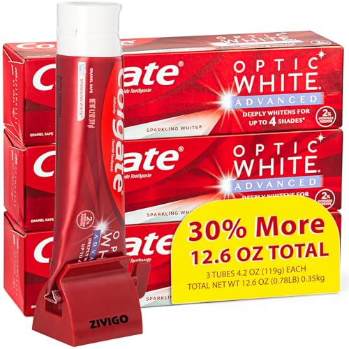 Optic White Advanced Teeth Whitening Toothpaste, White 2% Hydrogen Peroxide Toothpaste, Sparkling White, 3 Large Tubes of 4.2 oz (Total 12.6 oz) + Zivigo Toothpaste Squeezer