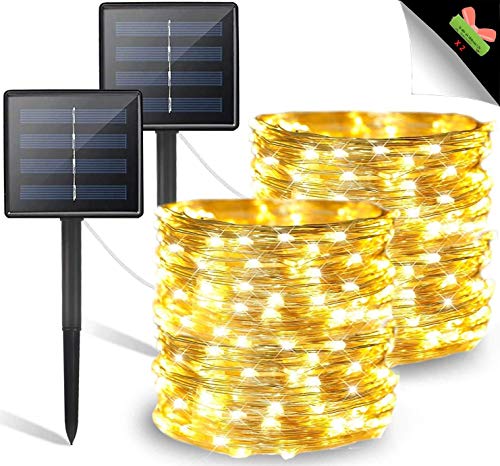 OZS-Solar String Lights Outdoor, 2PK Each 72ft 200LED Solar Powered Lights, 8 Modes Solar Fairy Lights Waterproof for Garden Wedding Party (Silver Wire Warm White)