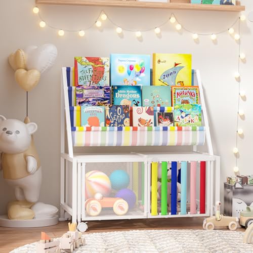 MESHDO Kids Book Shelf with Storage, 3 Sling Bookshelf for Kids, Metal Book Shelf for Kids Rooms, Bookcase with Toy Storage Organizer Box on Wheels for Nursery, Toddler's Room, Bedroom, Playroom